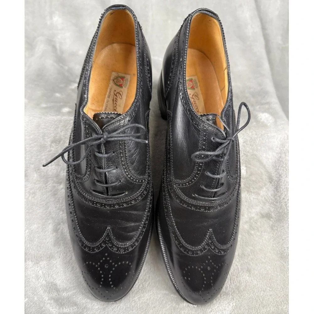 VTG Gucci Men's Black Leather Wingtip Brogue Oxford Shoes Made in IT Sz 41.5 D
